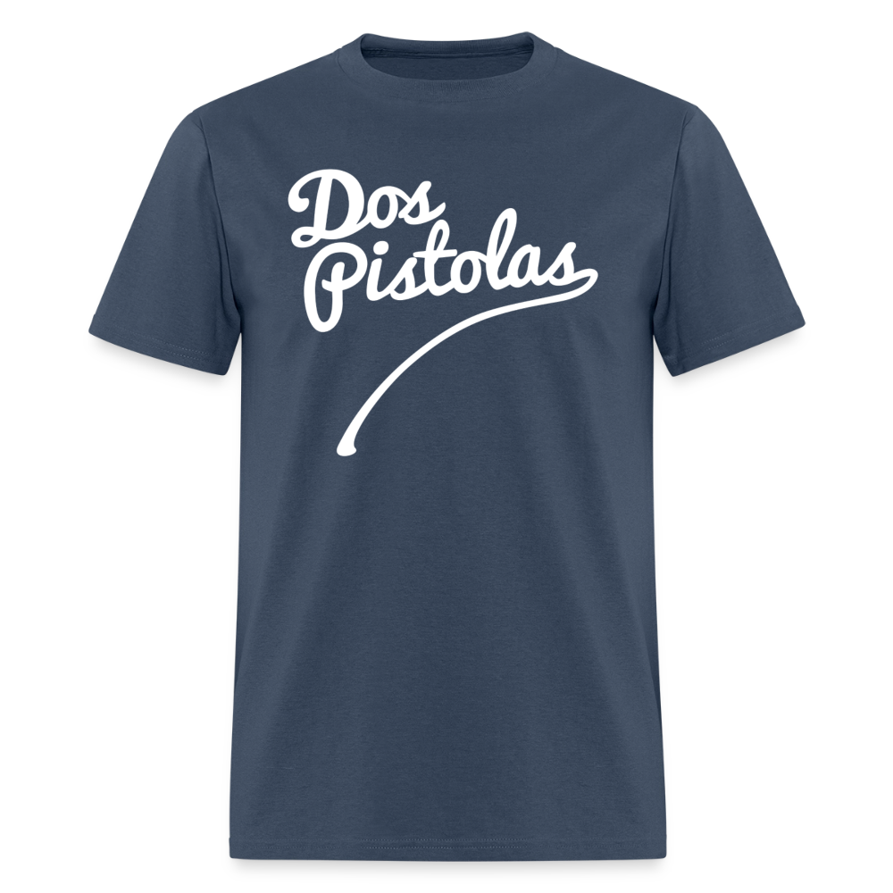 Menโs Premium Organic T-Shirt Dos Pistolas Print - blue dusk