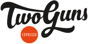 Two Guns Espresso logo, black Two Guns with Orange circle with white espresso 