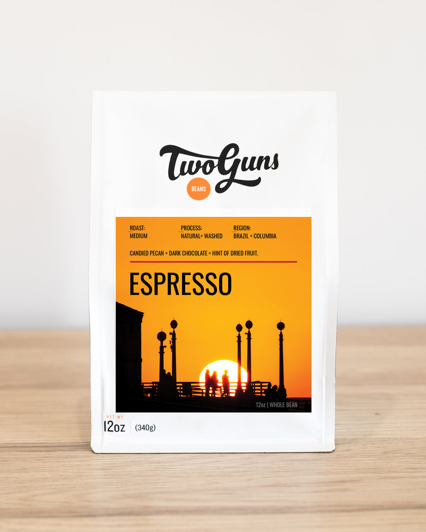 bag of espresso beans on wooden bench