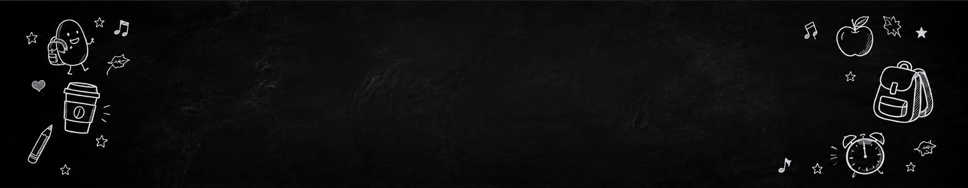 A wide black chalkboard-style banner with white hand-drawn school and coffee-themed icons, including a coffee cup, backpack, apple, pencil, stars, and small decorative marks, centered on a white background.