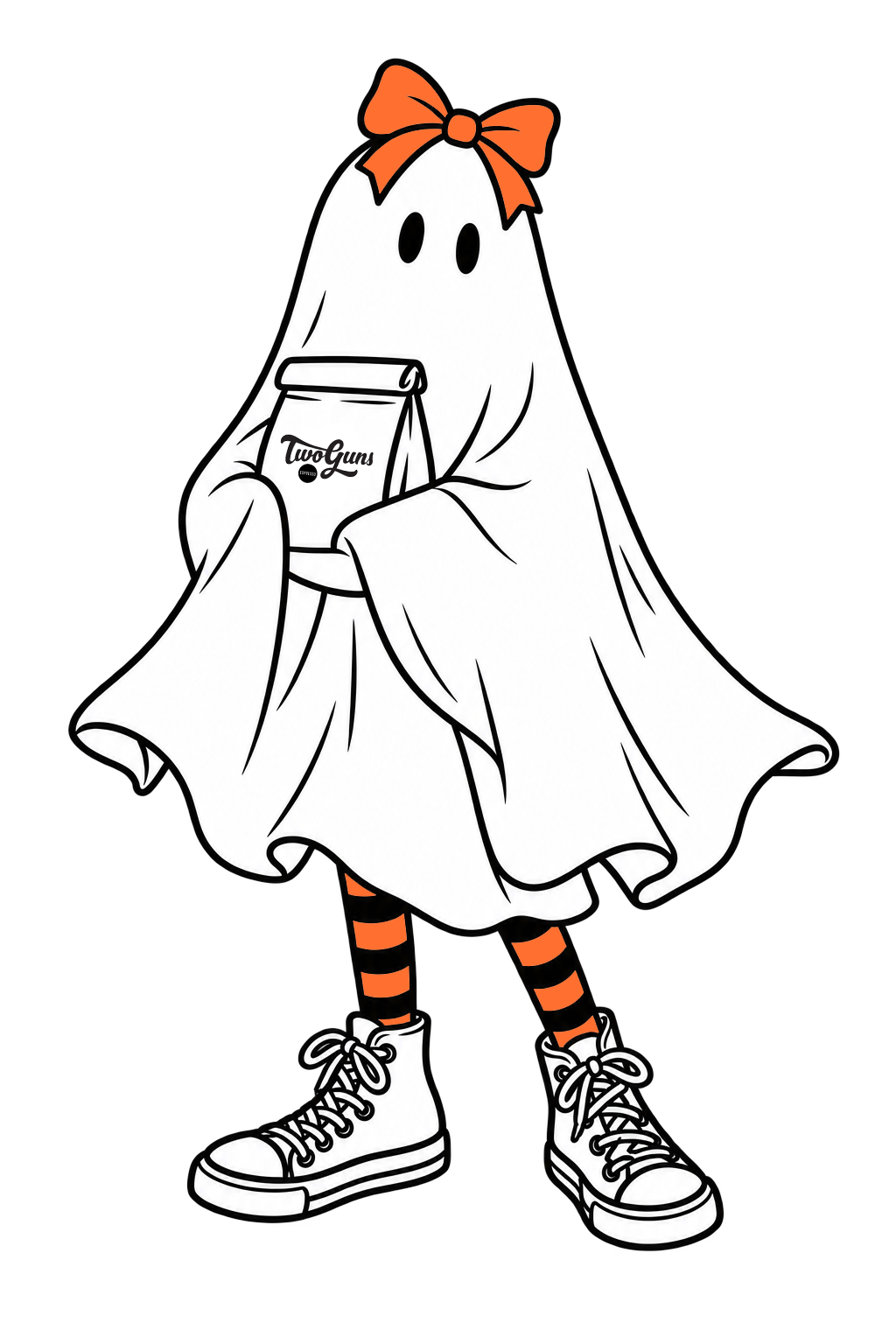 SHEET GHOST WITH ORANGE BOW, ORANGE BLACK STRIPED LEGGINGS, HIGH TOP SNEAKERS, HOLDING A TWO GUNS BAG OF BEANS
